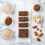 Recipe card for high-protein almond butter quinoa snack bars