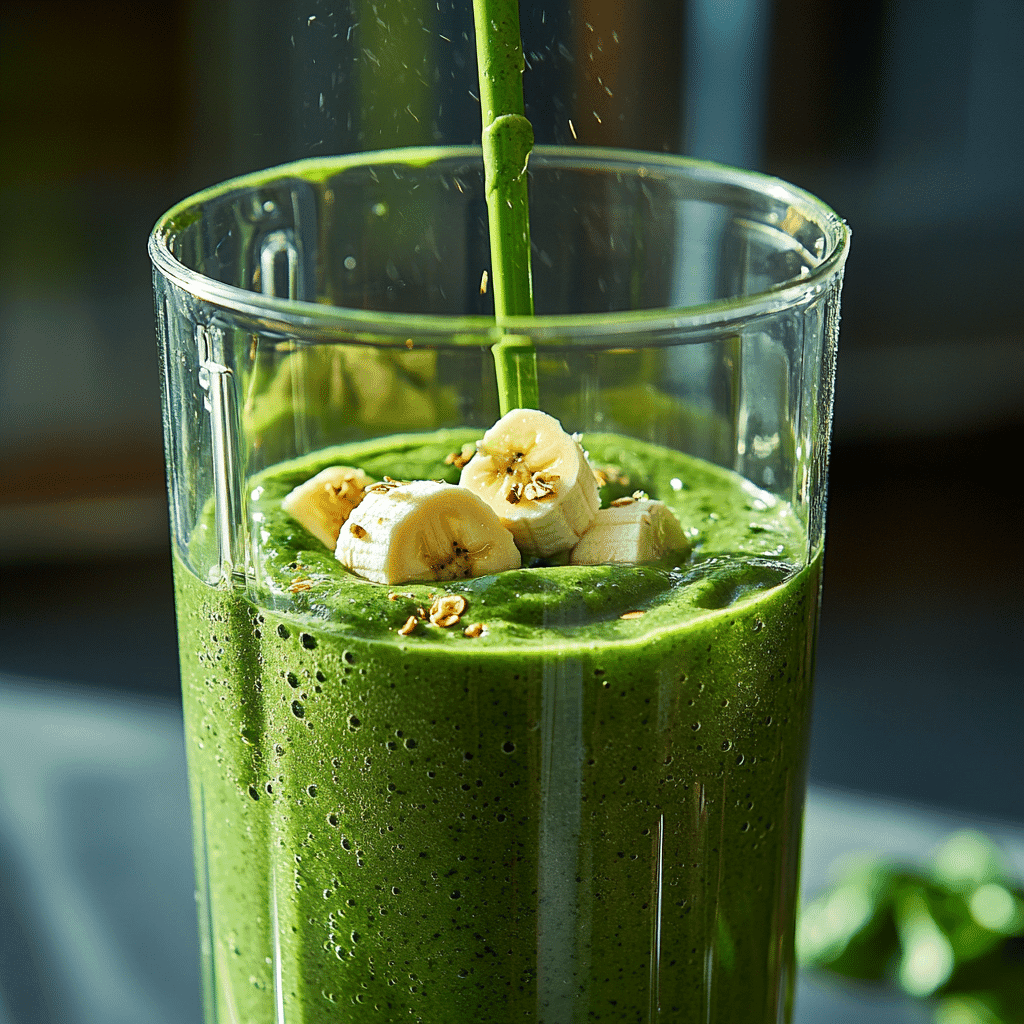 Green Glow Smoothie in blender mid-blend