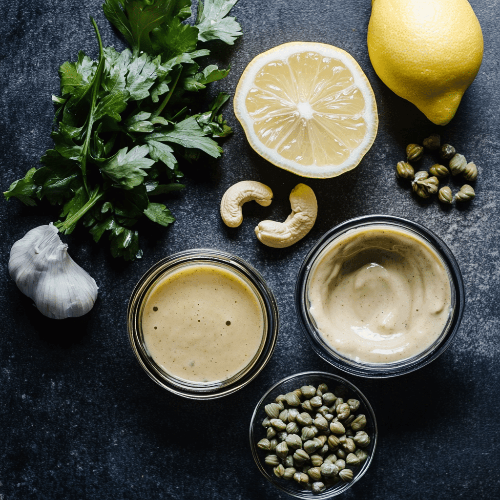 Ingredients for gluten-free vegan cashew Caesar dressing