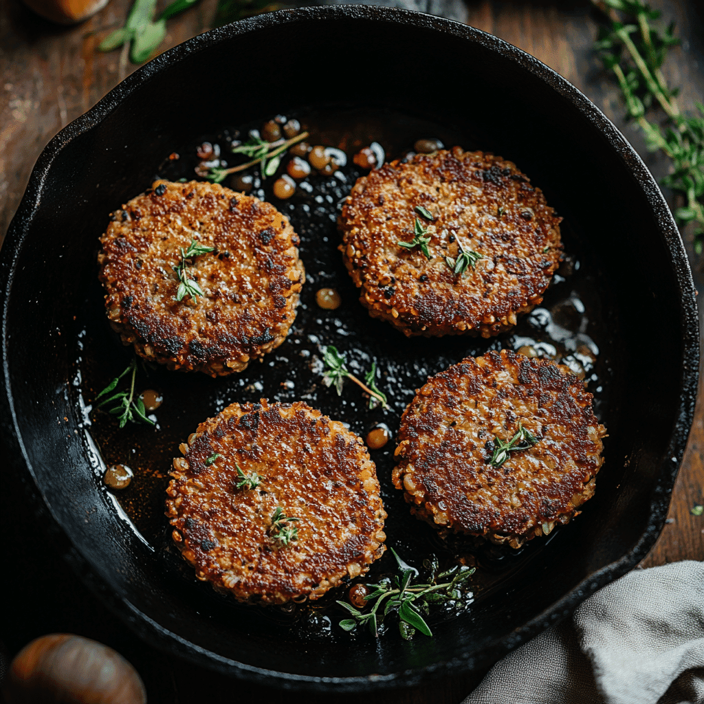 Vegan lentil burger patties cooking in skillet