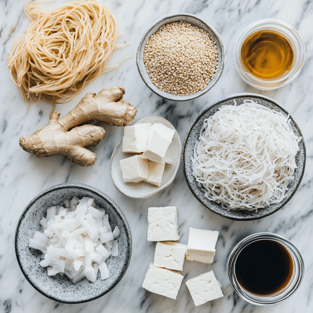 Essential ingredients for gluten-free vegan Asian stir-fries and noodle bowls