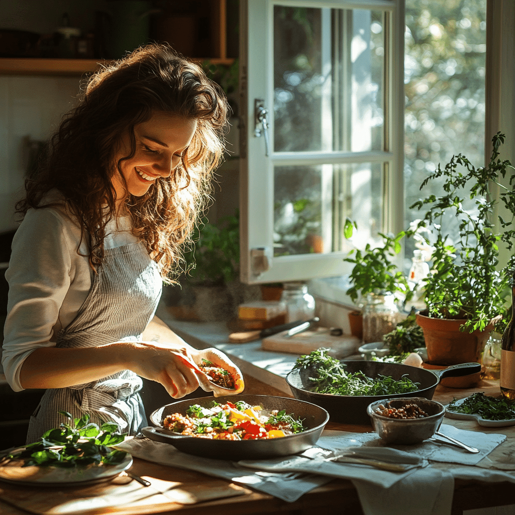Woman serving gluten free vegan food in a bright kitchen