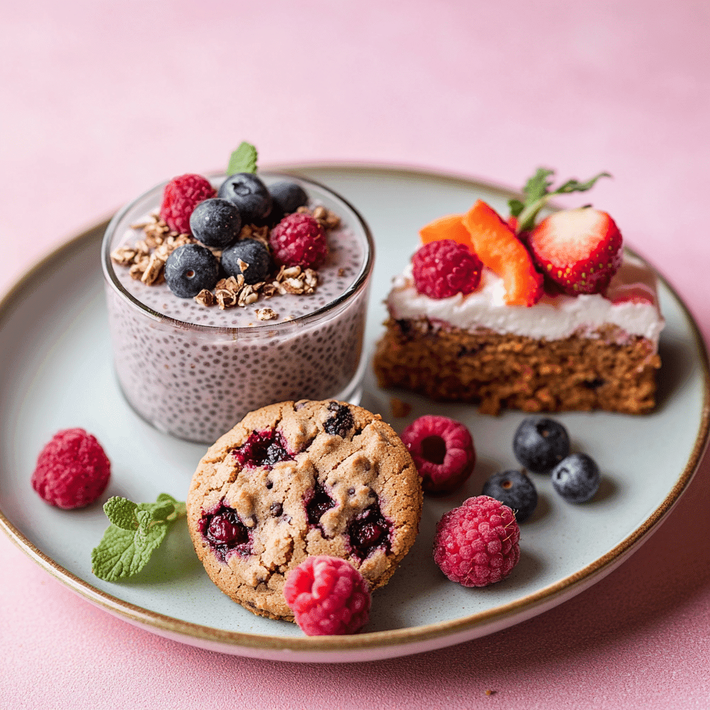 Gluten free vegan desserts including cookies and chia pudding