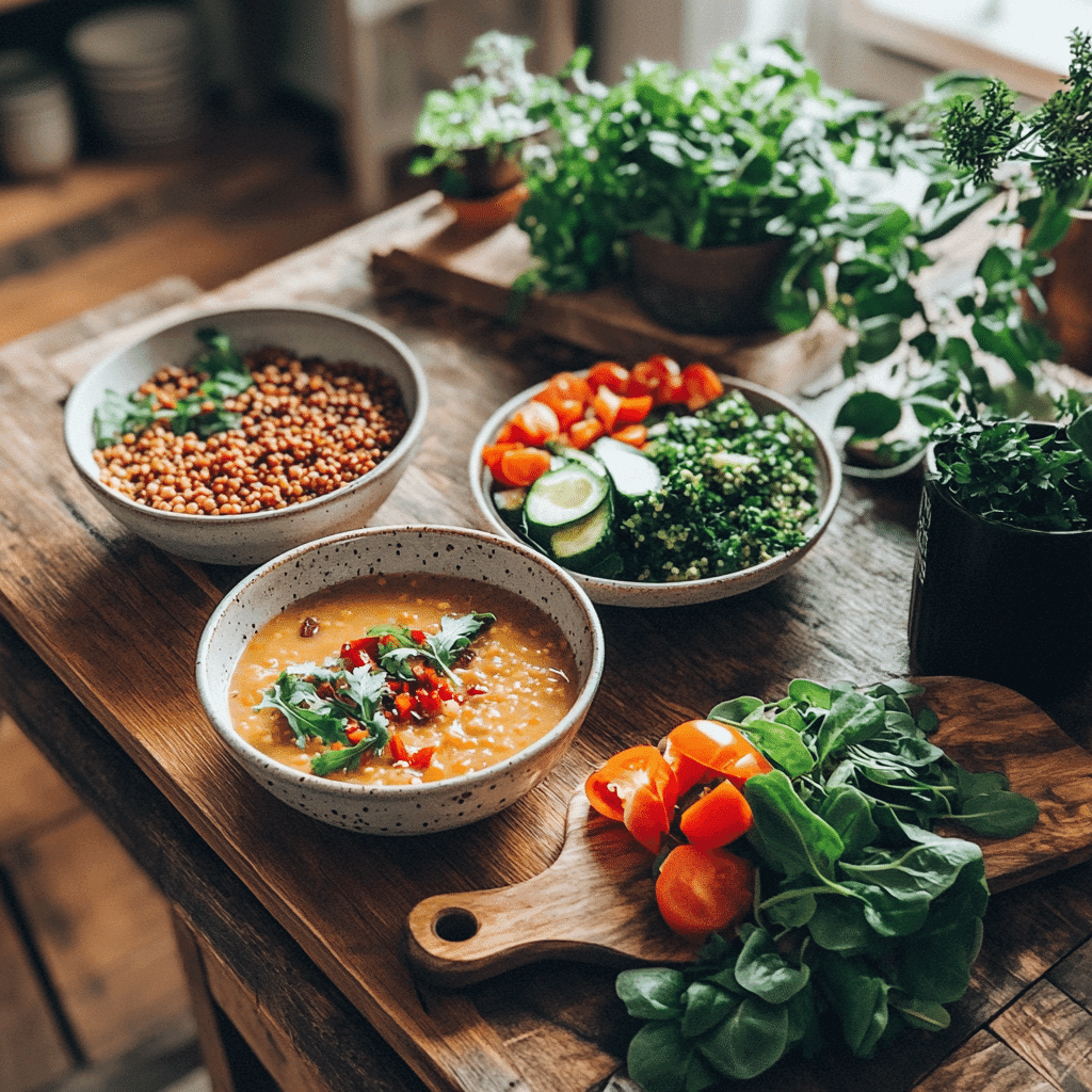 Gluten-free vegan weight loss meal spread on rustic table