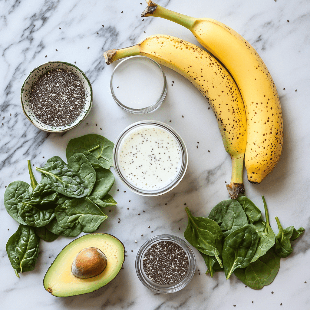 Green smoothie ingredients laid out for gluten-free vegan blend