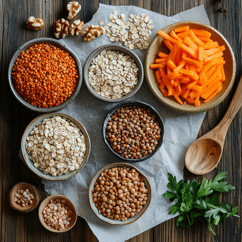 Ingredients for gluten-free vegan lentil burger