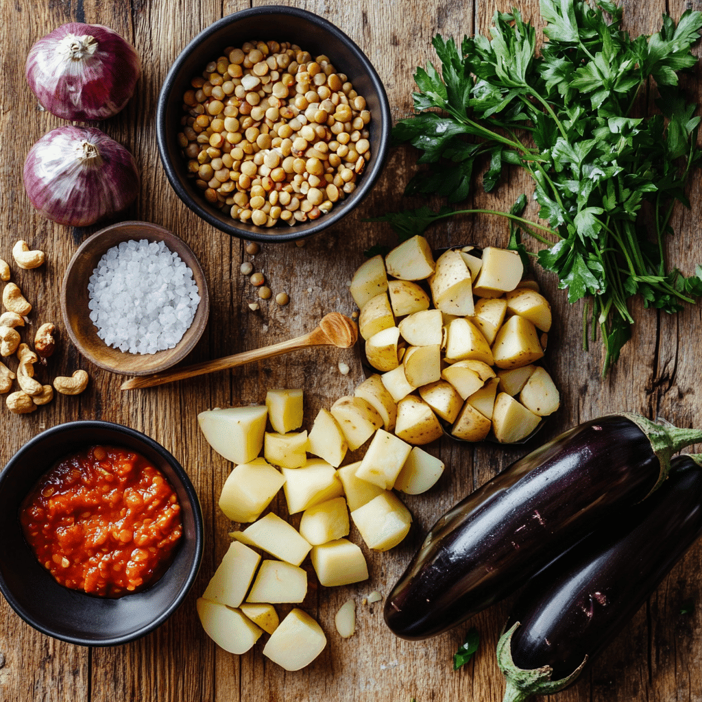 Ingredients for gluten-free vegan lentil moussaka