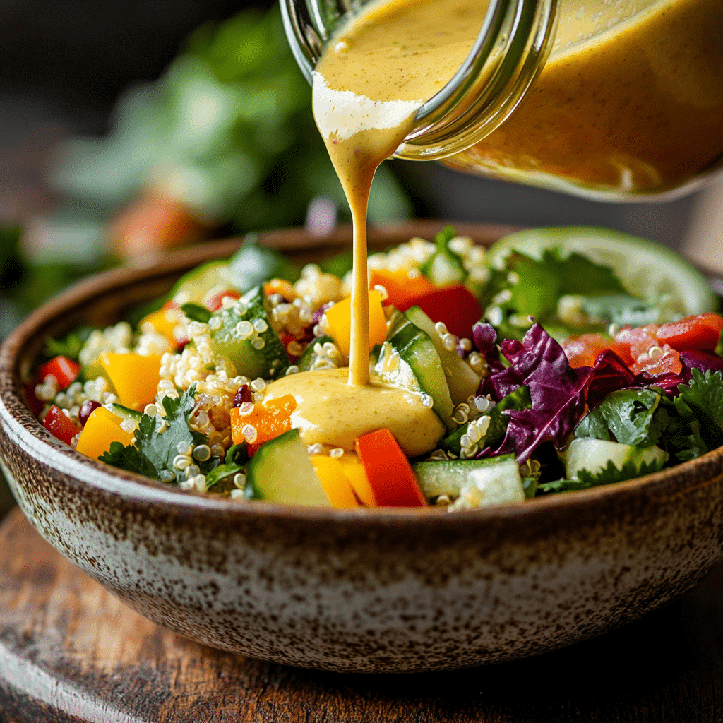 Pouring lime-ginger dressing on gluten-free vegan salad
