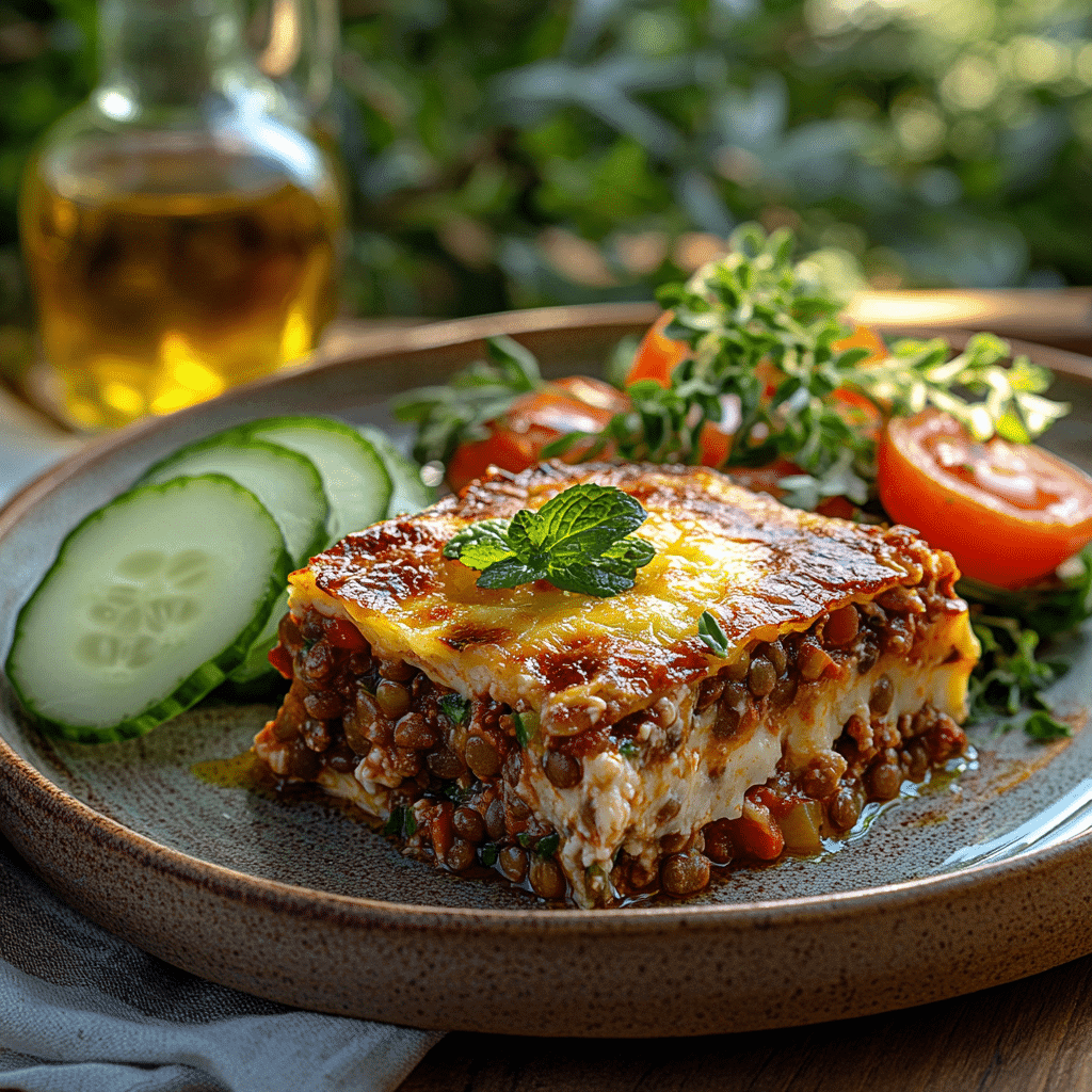 Served slice of gluten-free vegan Mediterranean moussaka