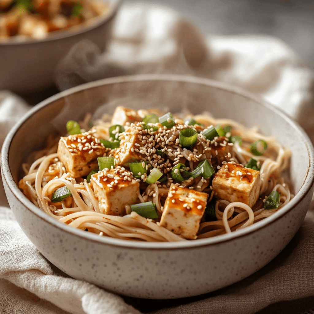 Served bowl of gluten-free vegan Asian noodle dish with tofu