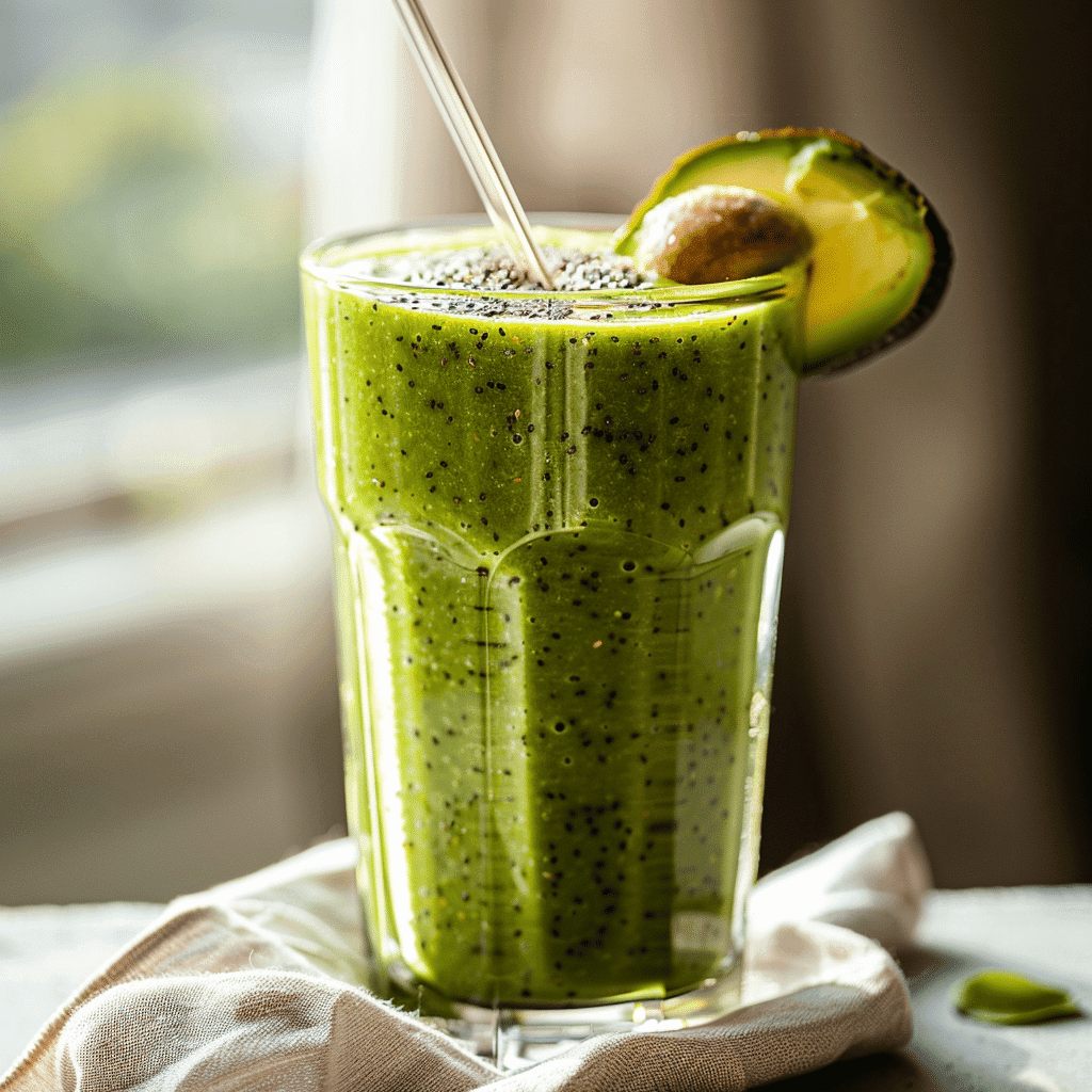 Served Green Glow Smoothie with healthy toppings