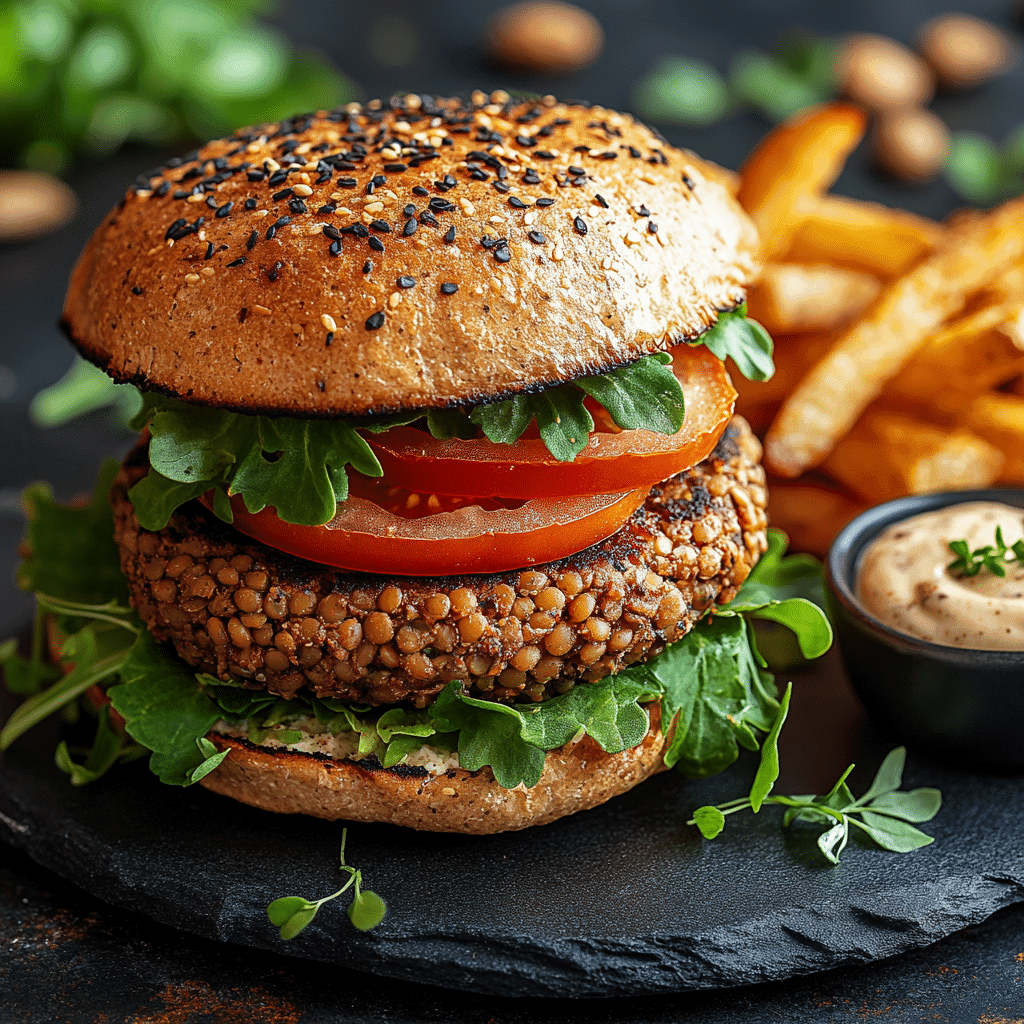 Served lentil-walnut vegan burger with gluten-free bun