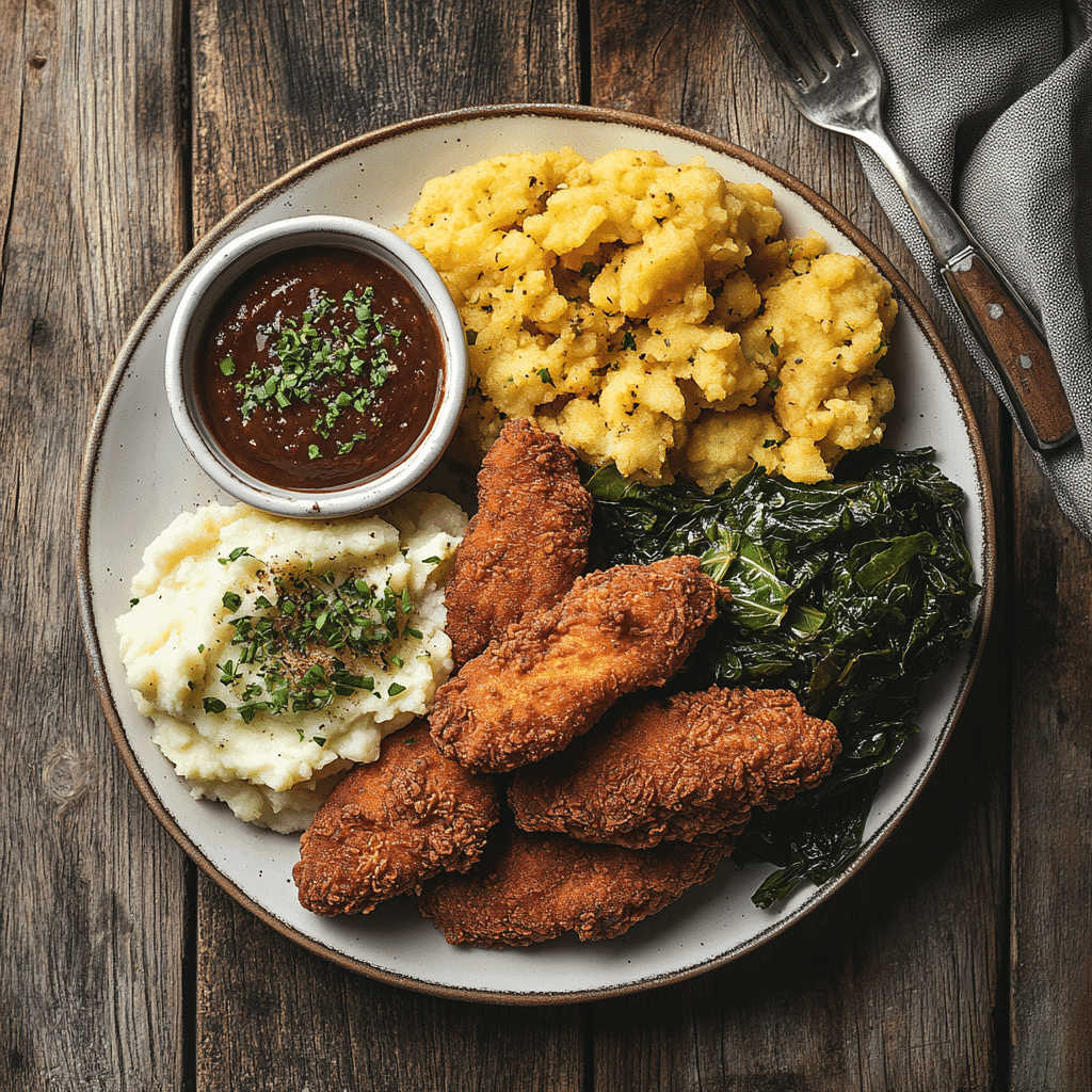 Gluten-free vegan Southern plate with fried mushrooms and sides