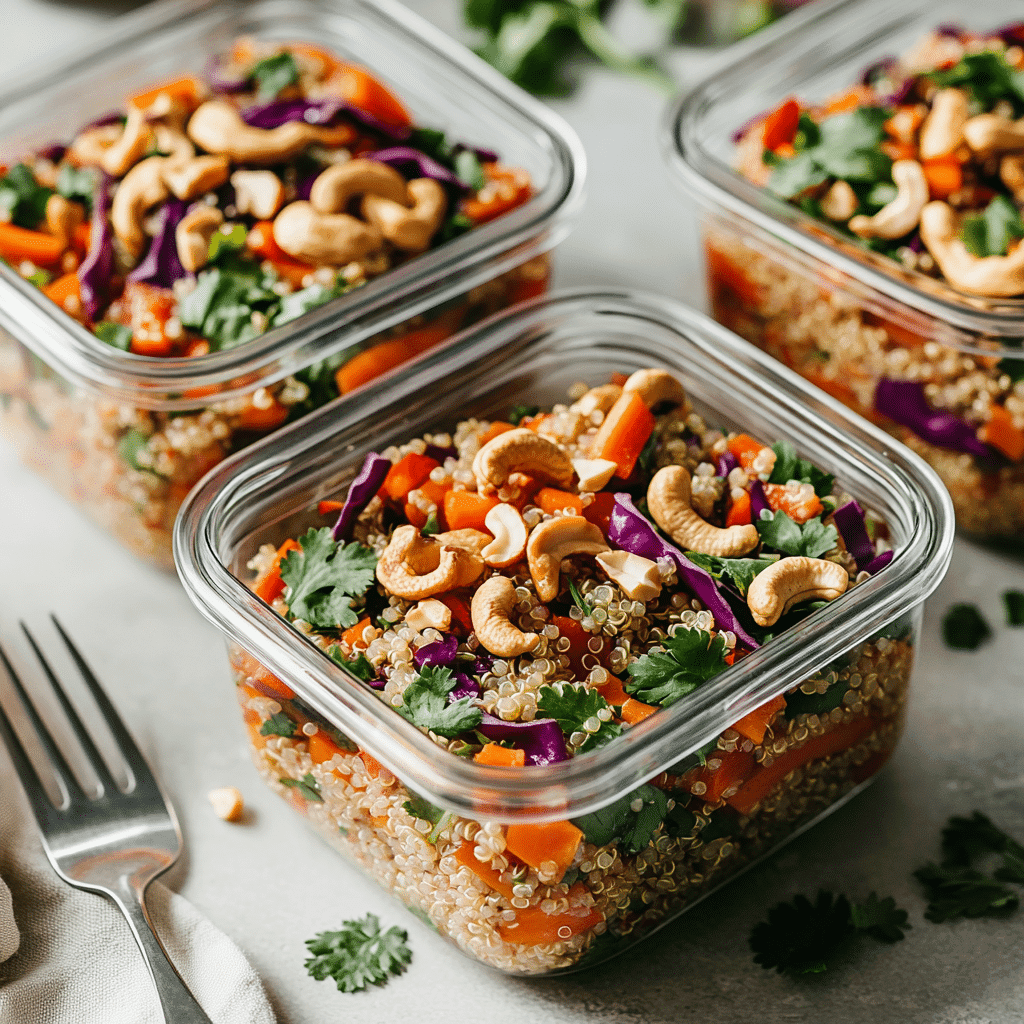 Meal-prepped Thai quinoa salad with cilantro and cashews