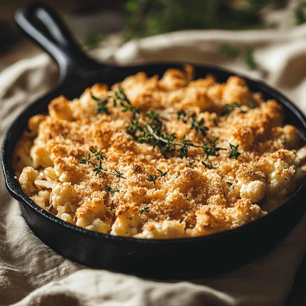 Vegan baked cauliflower casserole with golden crust