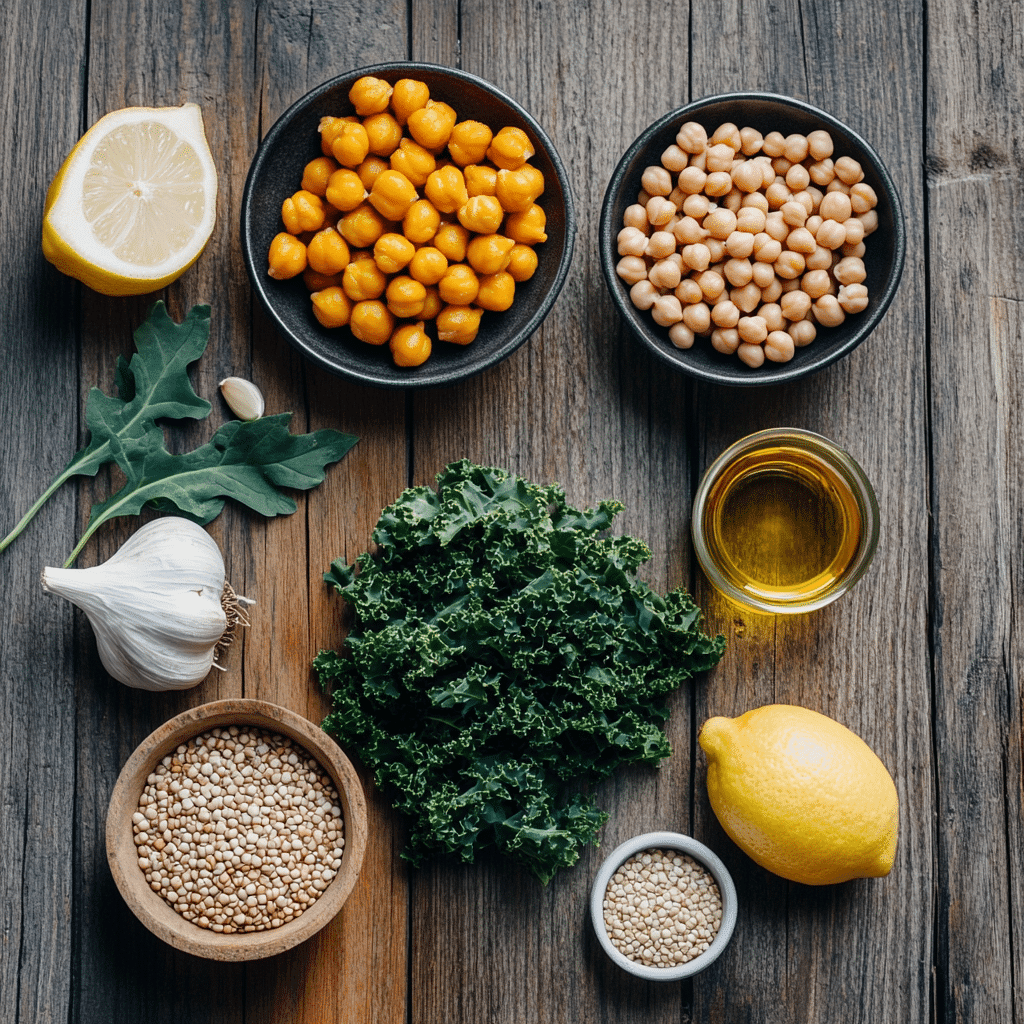 Gluten-free vegan pantry ingredients on wooden table