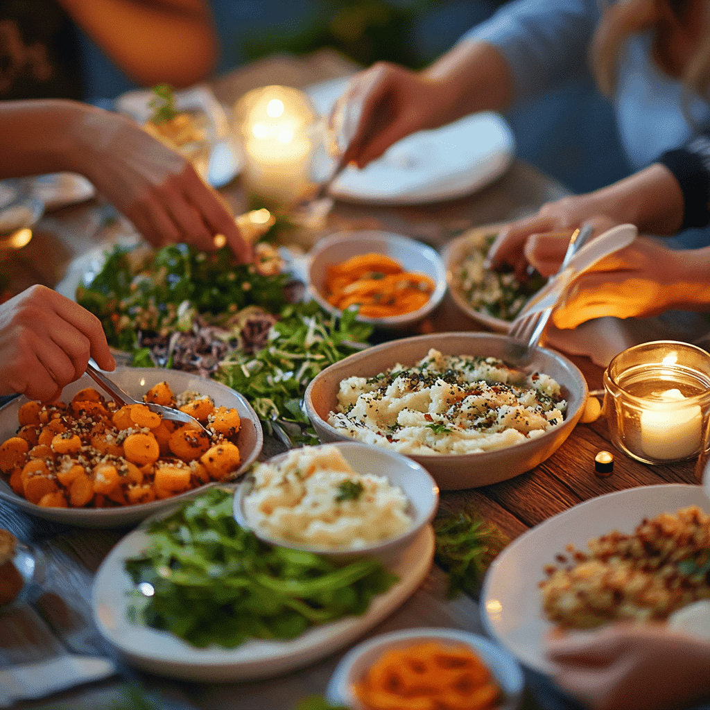 Family-style meal with gluten-free vegan side dishes