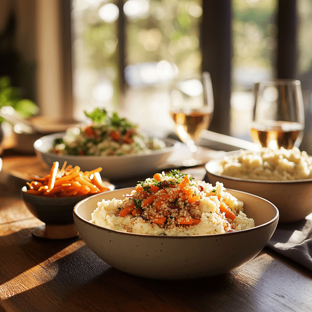Rustic dinner table with gluten-free vegan side dishes