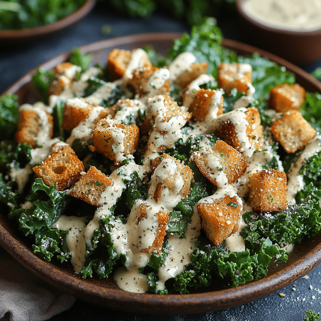 Kale salad served with creamy gluten-free vegan Caesar dressing