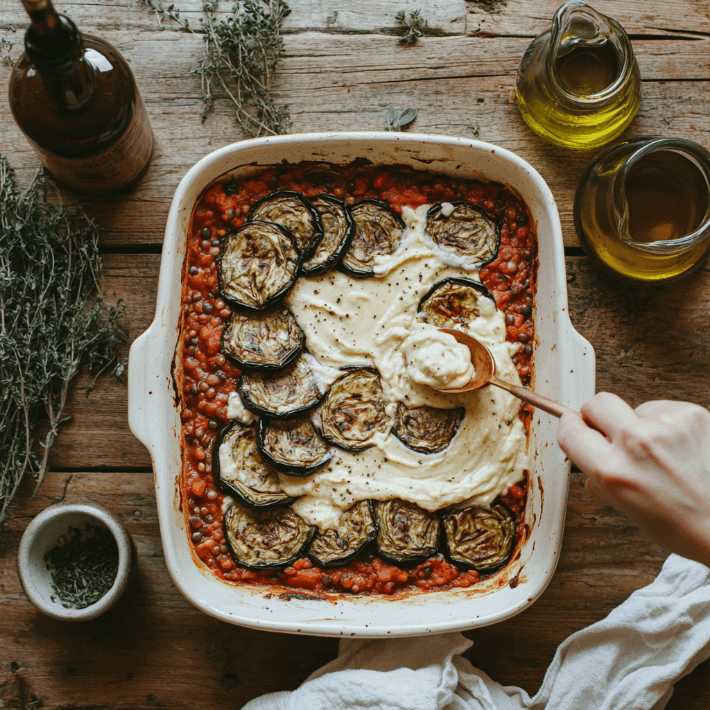 Step-by-step assembling of vegan Mediterranean lentil moussaka